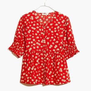 Madewell Puff Sleeve Button Front Top Swiss Dot Happy Hibiscus Size Small